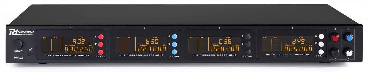 Power Dynamics PD504B UHF Set de Micrófonos inalámbricos. El Pack Incluye: un Receptor, 4 petacas emisoras, 4 bodypacks, 4 micrófonos de Diadema Color Beige y 4 micrófonos de Solapa