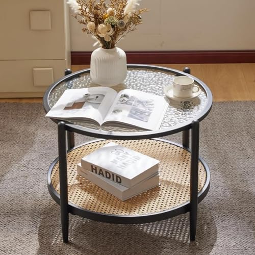 Image of VINGLI 25.6 inch Black Rattan Modern Coffee Table with 2-Tier Storage, Round Water-Wave Glass Metal Center Table for Living Room and Small Space