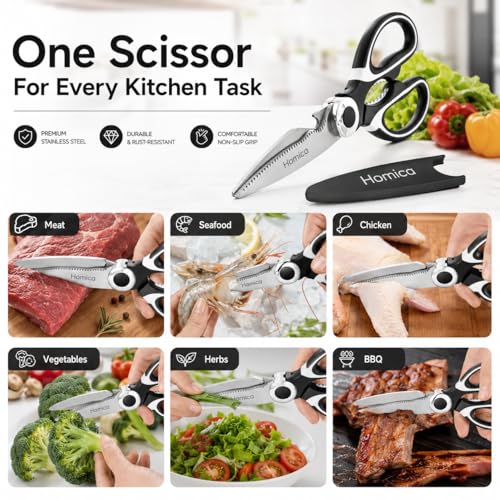 Image of Multi Purpose Heigh Quality Kitchen Scissors | Premium Stainless Steel Food Shears for Meat, Chicken, Fish, Seafood, Vegetables & Herbs | Heavy Duty Kitchen Shears with Bottle Opener | Black