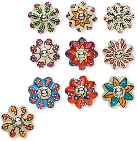 KnobKnob Set of 10 Handmade Flower Ceramic Knobs | Colorful Multi Design Ceramic Cabinet Knobs | Drawer Pulls Ideal for Home, Kitchen or Office | Drawer Knobs Comes with 1 Wrench, Screw Cap & Bolts