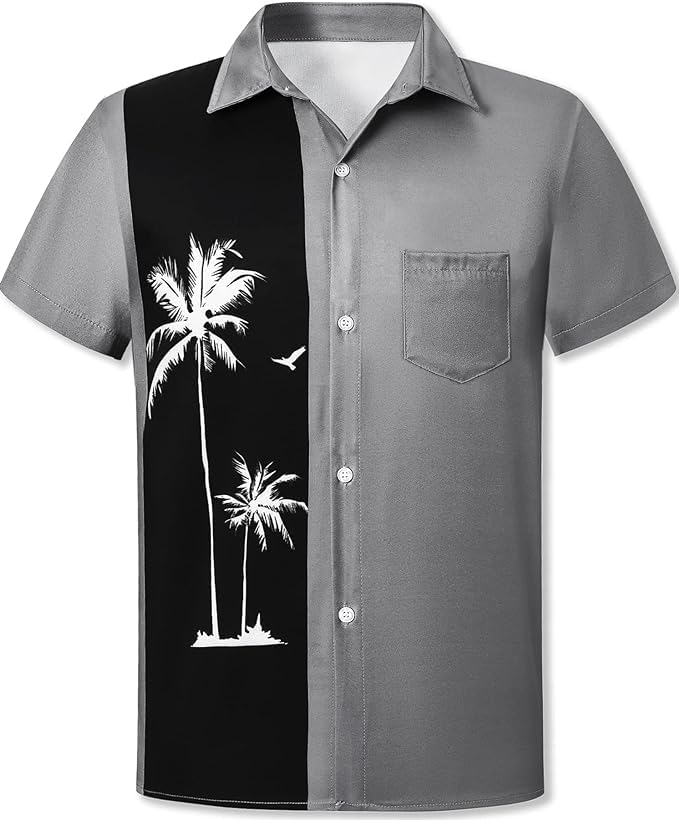 Cromoncent Camicia hawaiana da uomo e ragazzo a maniche corte con colletto cubano tropicale per vacanze estive da spiaggia, Albero Grigio Nero, 4XL