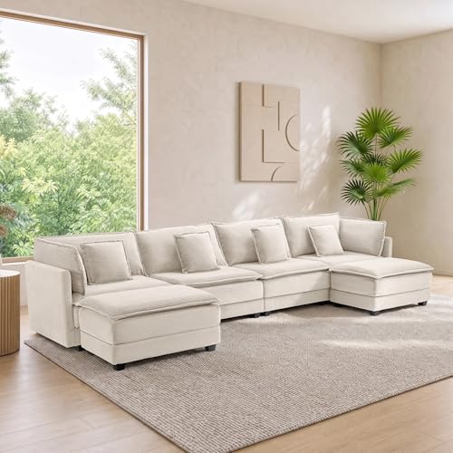 Image of Corduroy Sectional Couch, 4 Seater 149.2 inch U Shaped Cloud Couch with 2 Ottomans, Modular Deep Seat Sofa with Pillows for Living Room, Apartment, Beige