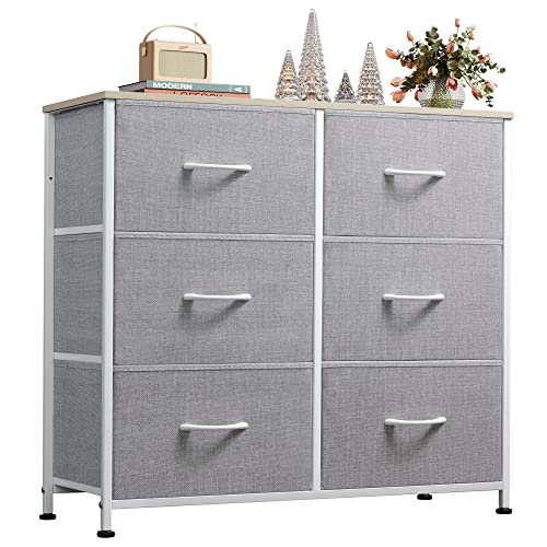 WLIVE Cómoda de 6 Cajones, Gabinete con Parte Superior de Madera y Estructura de Acero para Dormitorio, Sala de Estar, Pasillo, Gris Claro