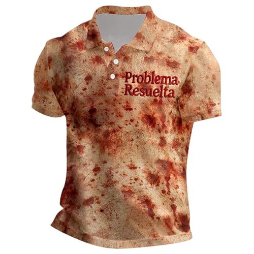 Camiseta de manga corta con motivo de horror para hombre, camiseta de manga corta, camiseta de Halloween, estampado de sangre, camiseta deportiva de gran tamaño, camiseta fea con botones, camiseta