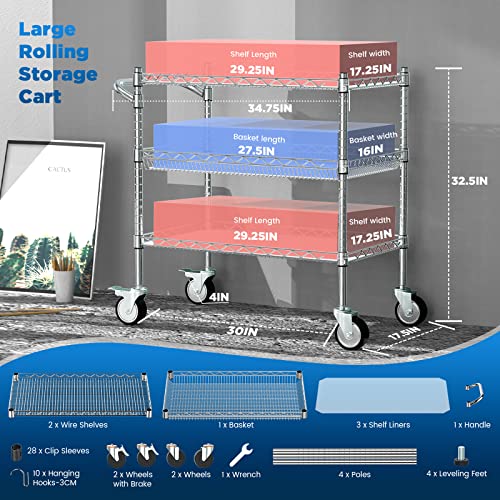Leteuke Heavy Duty 3 Tier Rolling Utility Cart,Nsf Certified 990Lbs Capacity Rolling Carts With Wheels,Commercial Grade Metal Cart With Handle Bar & Shelf Liner,Trolley Serving Cart For Kitchen,Chrome #TOP3