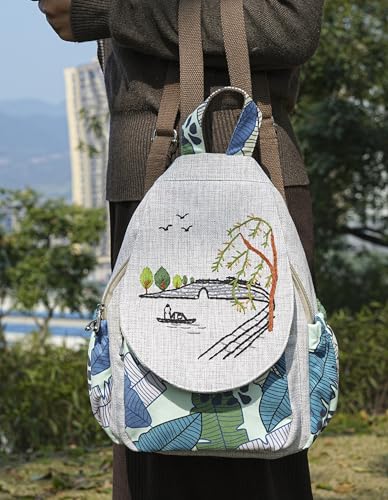 Image of Womens Cotton Hemp Cloth Backpack Boho Vintage Embroidered Casual Purse Handbags Messenger Bag Peacock