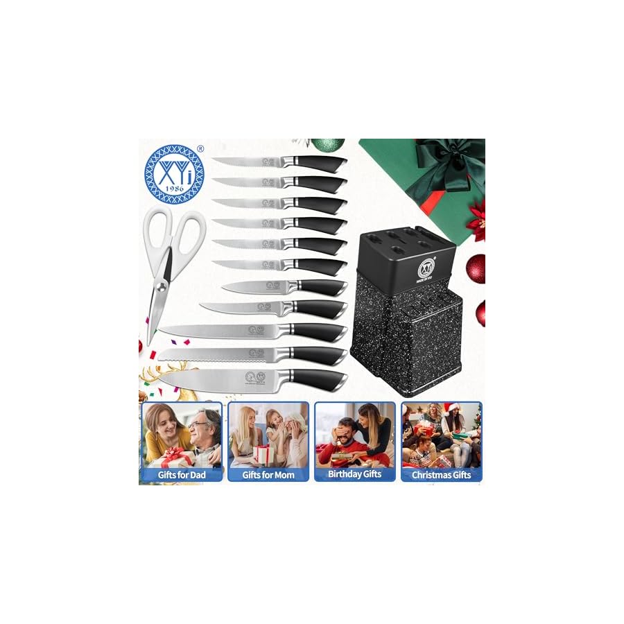 XYJ-Authentic-Since-1986-Professional-Kitchen-Knife-Block-Set-Stainless-Steel-Japanese-Knives-Set-With-Knife-Block-Holder-Scissors-Paring-Boning-Steak-Slicing-Bread-Chef-Knife-for-Home-Kitchen XYJ Authentic Since 1986, Professional Kitchen Knife Block Set, Stainless Steel Japanese Knives Set With Knife Block Holder, Scissors, Paring Boning Steak Slicing Bread Chef Knife for Home Kitchen