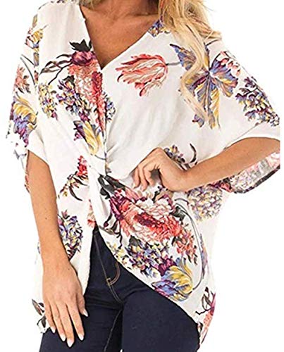 Women's Short Sleeve Floral Blouses Twist Tops V Neck Tunic Chiffon Casual Loose Shirts (White-F, Medium)