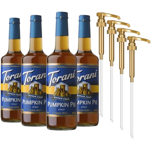 Image of Torani Sugar Free Coffee Syrup, Pumpkin Pie Flavored Syrup for Drinks, Zero Calorie, Glass Bottle 4-Pack, Pumps Included, 25.4 Fl Oz