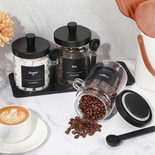 Image of Suclain 3 Pcs Glass Coffee Container Set, 13.5,20,25 oz, Black Bamboo