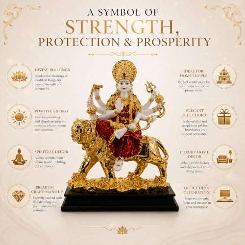 Image of Premium Maa Durga Statue on Lion - White, Gold & Red Ceramic Ambe Maa Idol - Luxury Hindu Goddess Figurine for Home Decor, Pooja Mandir, and Festive Gifting