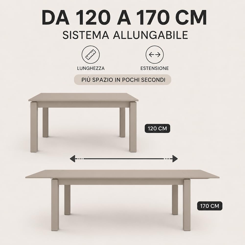 Shally Dogan Tavolo da Pranzo Allungabile da 120 a 170 cm, Struttura Resistente in Legno Rettangolare da 6 a 8 Persone, Apertura Semplice, Ideale per Sala da Pranzo, Soggiorno e Cucina