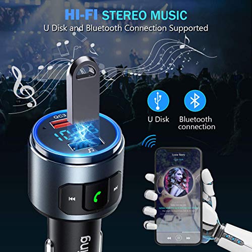VicTsing (Upgraded Version) V5.0 Bluetooth FM Transmitter for Car, QC3.0 & LED Backlit Wireless Bluetooth FM Radio Adapter Music Player/Car Kit with Hands-Free Calls, Siri Google Assistant