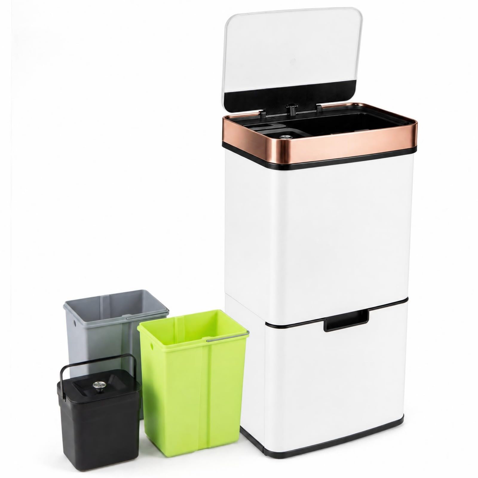 LIFEZEAL 72L - Cubo de basura con 4 compartimentos, recogida selectiva, apertura automática, sensor de infrarrojos, acero inoxidable, cubos diferenciados interiores, cubo de basura, cocina (blanco)