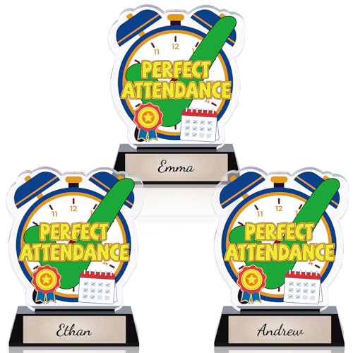 MTLEE 3 Pack Acrylic Trophy 5 Acrylic Award with DIY Stickers & Gold Writable Base for Classroom Recognition End of Year School Ceremony Student Achievement Gifts (Perfect Attendance)