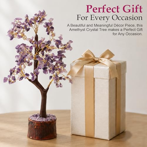Image of Amethyst Gemstone Tree Decor for Home & Office | Purple Crystal Bonsai Tree with Wooden Base | Healing, Stress Relief & Positive Energy | Vastu Feng Shui Spiritual Decor