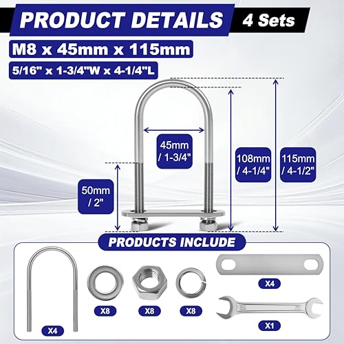 Image of 4 Sets M8 U Bolts 1-3 /4 Inch Wide, 5 /16 inch x 1-3 /4 inchW x 4-1 /4 inchL