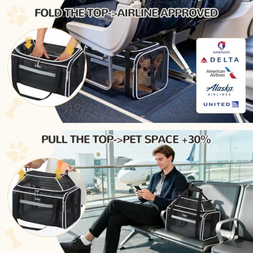 Image of Lekereise Top-Expandable Pet Carrier Full Mesh 17x11x9.5 Inch Airline Approved Soft Sided Underseat Travel Carriers for Small Cats and Dogs with Locking Safety Zippers
