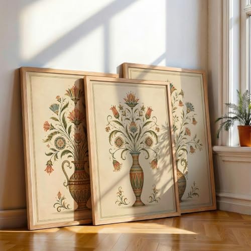 Image of NoWorries Floral Vase Wall Art Set of 3 Framed Prints | Indian Traditional Botanical Painting, Vintage Rajasthani Flower Pot Poster, Ethnic Royal Wall Decor for Living Room Bedroom Home (Synthetic Engineered Wooden Frame) (MIN -7, 17x25 inches)