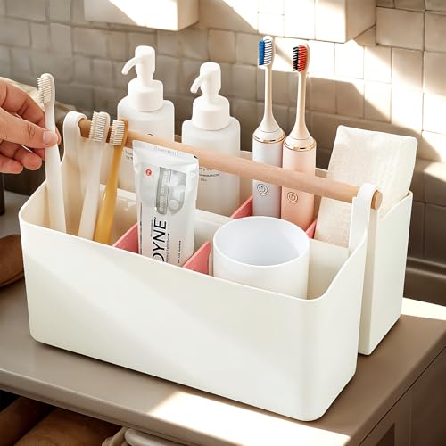 Image of 2 Pcs Art Supply Organizers Marker Caddy with Handle Makeup Tools Brushes Box Adjustable Dividers Storage Bin for Colored Pencils Craft Pens Pencils Paint Knife