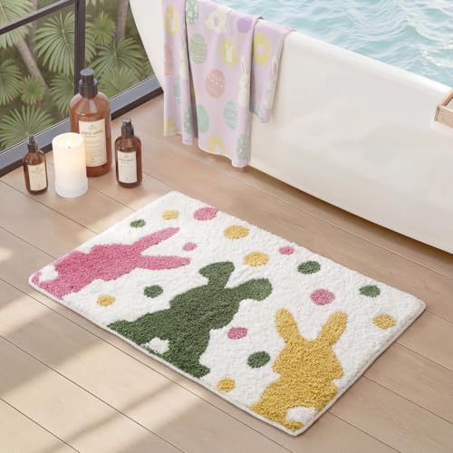 Easter Bunny Bath Mat 20x32 Inch Soft Absorbent Non-Slip Bathroom Rug Cute Rabbit Design Washable Tufted Microfiber Carpet for Spring Home Decoration (Bathroom Bedroom Living Room)