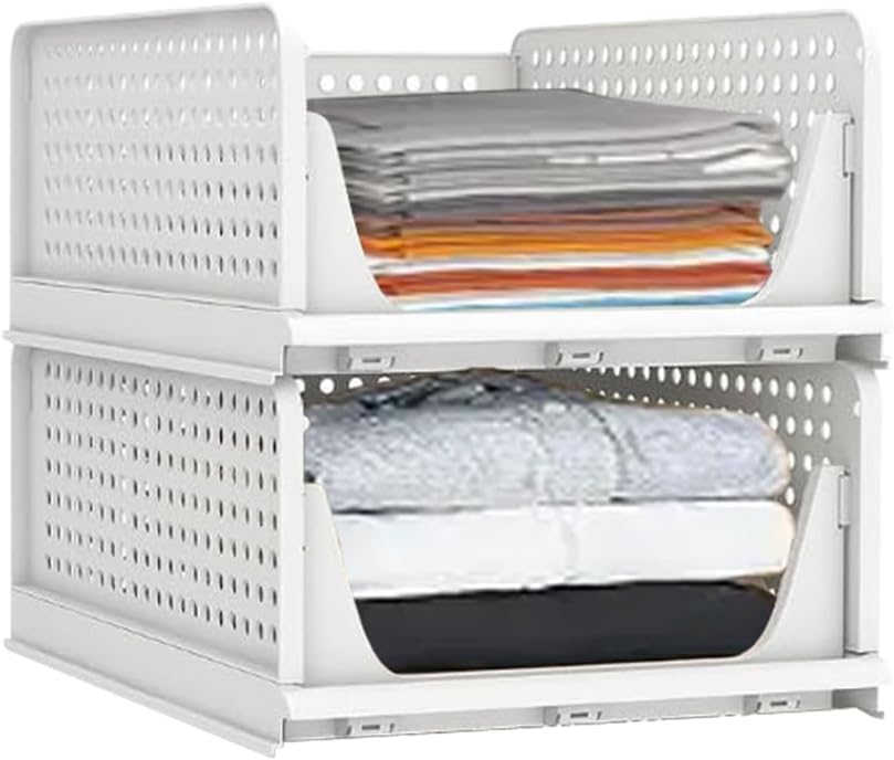 Aditya Polymers Pack Of 2 Pcs.(Large) Clothes Shirt Stacker Organizer For Wardrobe Cupboard Foldable Stackable Multipurpose Adjustable Sliding Tray Basket (L-44.5 W-33.5, H-18.5 Cms) - Plastic