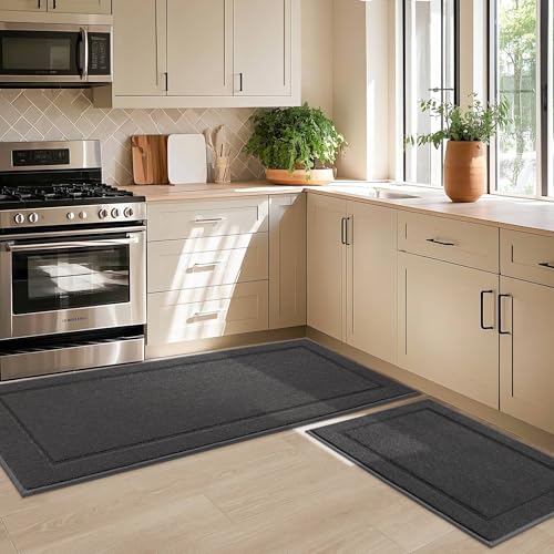 JSEI Non-Slip Kitchen Mats, Self Adhesive No Sliding Kitchen Rugs Set of 2, Washable Absorbent Floor Mat for Kitchen, Bathroom, Laundry Room, Bedroom, 24”x36”+24”x60”, Dark Grey, Rectangular