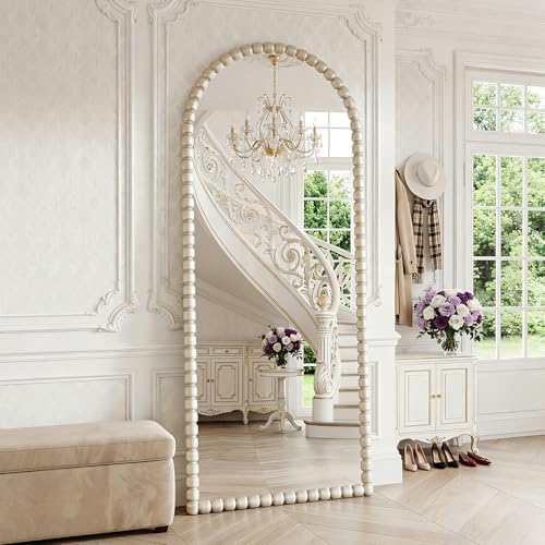 Image of Vintage Full Length Mirror with Stand, 71x28 Inch Arched Beaded Full Body Mirrors, Large Floor Mirror Standing Mirror Full Length Wall Mounted Decor for Bedroom Living Room Cloakroom, PU Frame, Silver