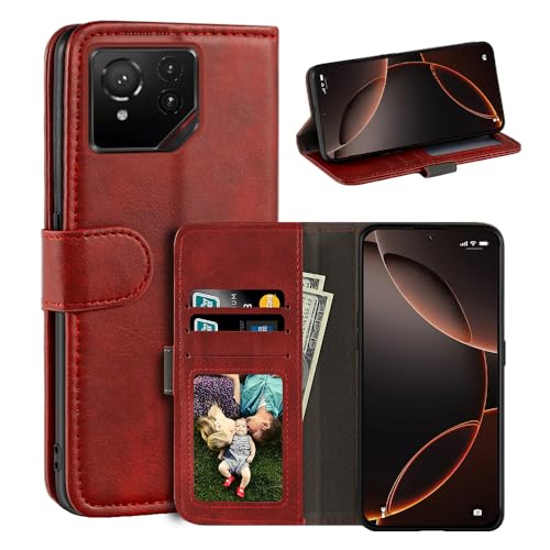UOGNADGD レザーフリップカバー Asus ROG Phone 9 Pro との互換性あり カードスロット付きウォレットケース、マグネットクロージャー、キックスタンド、RFID耐衝撃フォリオ (レッド)