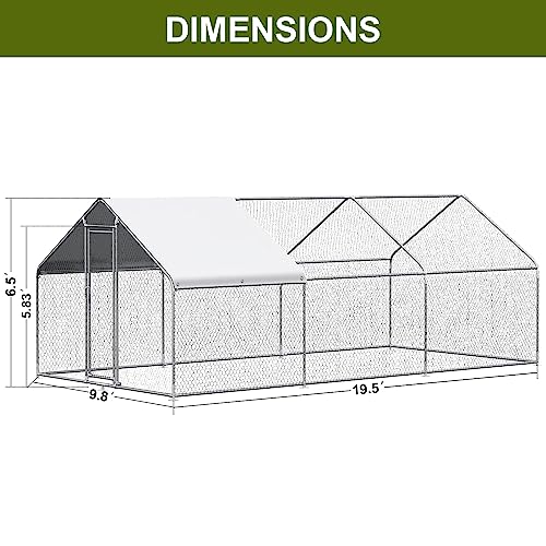 TMEE Chicken Coop Large Metal Chicken Runs Walk-in Chicken House Chicken Pen Kennel Poultry Cage with Waterproof Cover for Goose Rabbits Duck Outdoor Yard Farm Garden,19.5’ L×9.8\'W×6.5\'H