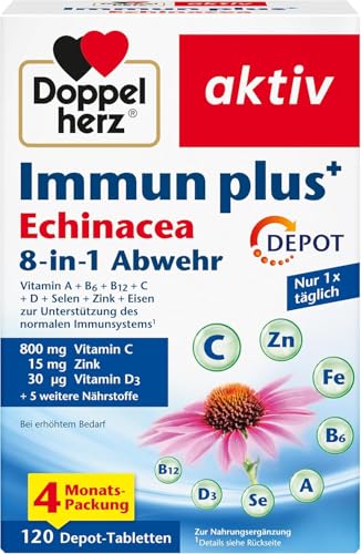 Doppelherz Immun plus Echinacea 8-in-1 Abwehr - Mit Vitamin C, Vitamin D und Zink als Beitrag zur normalen Funktion des Immunsystems - 120 Depot-Tabletten
