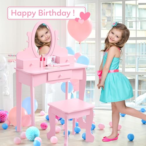 GarveeHome Girls' Vanity Set with Mirror, Makeup Table and Stool for Kids, Wood Dressup Playset for 4-9, Pink