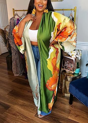 Image of Kimono Cardigan for Women Long Boho Satin Kimono Robes Plus Size Open Front Beach Swimsuit Cover Ups Lightweight Duster