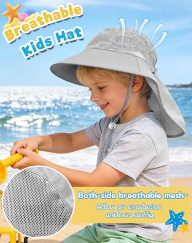 Image of Rosoz Kids Sun Hat with Neck Flap UV Protection Summer Toddler Beach Hat Unisex Ponytail Hat Wide Brim Fishing Hat