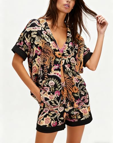 Image of Women Silk Pajamas Floral Satin 2 Piece Pajama Sets | Button Down Short Sleeve Shirt and Elastic High Waist Shorts, Vintage 2Pcs Pj Sets, Two Piece Lounge Set, Elegant Sleepwear