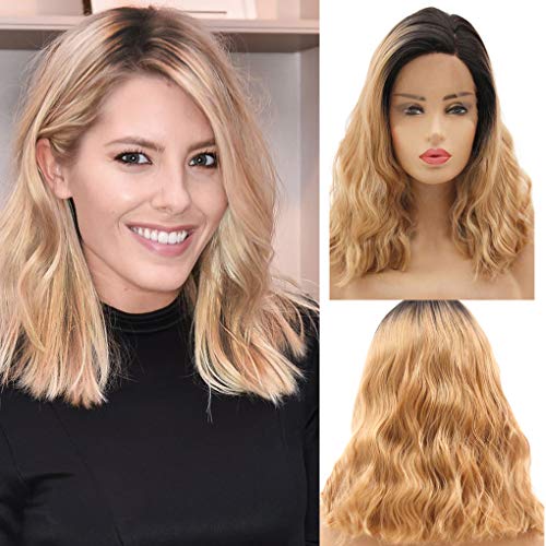 ATAYOU® Peluca Corto Rubia Ombre Lace Front - Black Roots Blonde Ombre Lace Front Wigs for Women Side Part Curly Bob Hair Heat Resistant Synthetic Wig Half Hand Tied Wig With Wig Cap