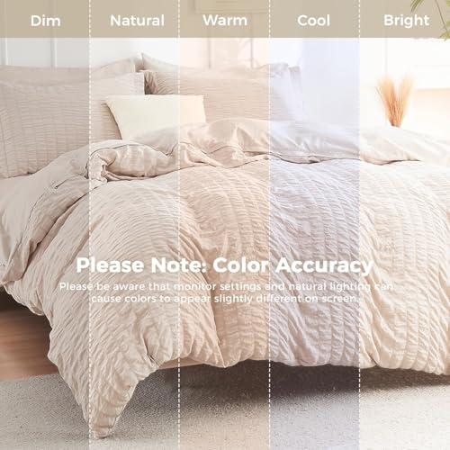 Image of HYMOKEGE Beige Oversized Queen Comforter Set Seersucker 7 Pieces, All Season Luxury Bed in a Bag for Bedroom, Bedding Set with Comforter, Sheets, Pillowcases & Shams