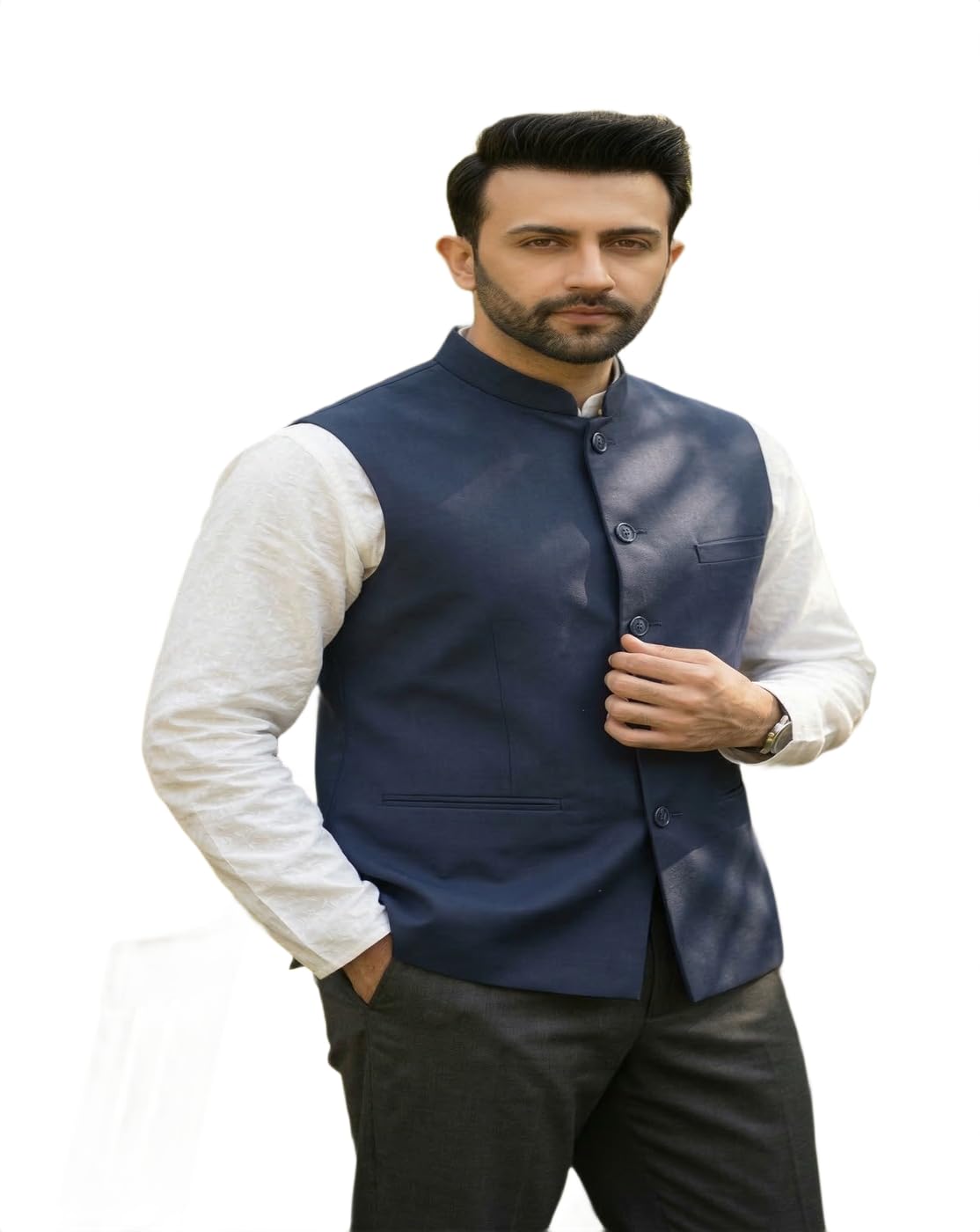 maykr Premium Textured Navy Blue Modi Jacket | Men’s Mandarin Collar Ethnic Waistcoat with Chest Pocket | Solid Sleeveless Nehru Vest for Traditional Occasions-picture-18