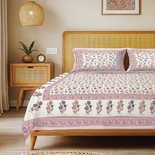 Image of Urban Space 100% Cotton Jaipuri Handblock Printed Double Size Bedsheet with 2 Pillow Covers, 200 TC Cotton Double Bedsheet (90 x 100 Inches, Jagmandir Pink)