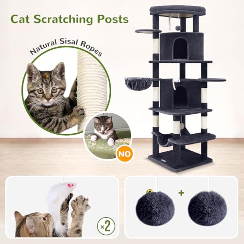 Image of Globlazer Corner Cat Tree for Large Cats, 66inch Tall Curved Series Large Cat Tower for Multiple Indoor Cats with 6 Scratching Posts, 2 Spacious Cat Condos, Hammock, Hanging Basket, C66, Dark Grey