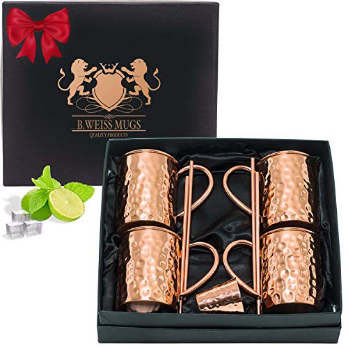 [Christmas Gift Set] 100% Real Moscow mule mugs, Set Of 4 copper cups for drinking Each Mug is HANDCRAFTED- Food Safe Pure Solid Copper Cups gift set (Set of 4 Gift Box)