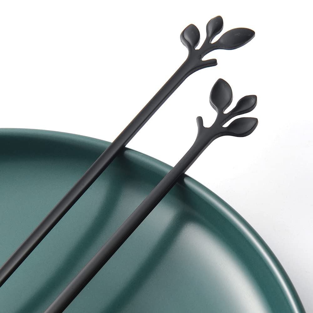 AnSaw 6 cucharillas elegantes de hoja negra y dorada con mango largo, cucharas de acero inoxidable de 7.4 pulgadas para café y té, perfectas para mezclar y remover