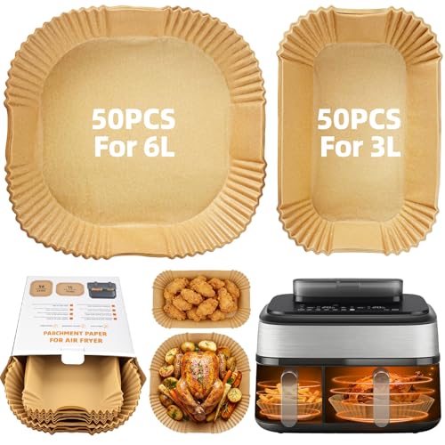 PETHREE 100 Stück Airfryer Backpapier für Philips Dual Basket Airfryer 3000/5000 Serie 6L/3L Backpapier für Heißluftfritteuse für Tefal EY9018 5 2L/3 1L Cecotec 9000 5 5L/3 5L Cookwise 6L/3