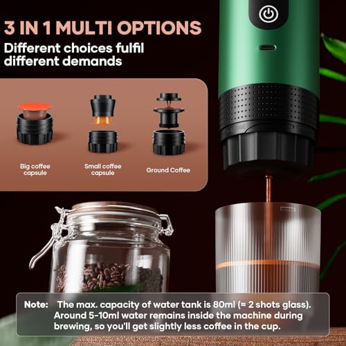 Image of kejector Portable Coffee Maker Espresso Machine for Travel Nano Car Coffee Maker Compatible with Ground Coffee & Capsule for RV, Hiking Camping Office, Travel Espresso Maker Electric Green