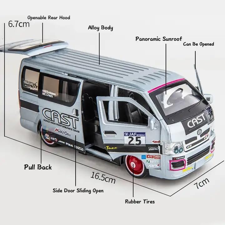 Image of 1:32 Scale Hiace Racing School Van Toy Car | Metal Pullback Diecast Car for Kids with Openable Doors, Sound, Light Effects Toy for Car Enthusiasts (Color As Per Available), White
