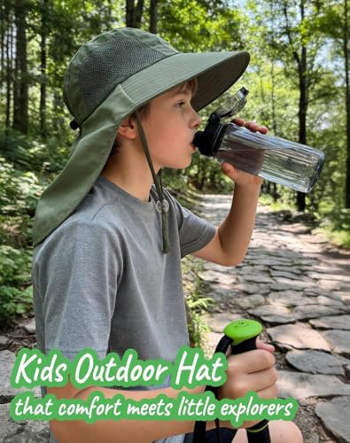 Image of Rosoz Kids Sun Hat with Neck Flap UV Protection Summer Toddler Beach Hat Unisex Ponytail Hat Wide Brim Fishing Hat