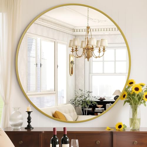 Image of Sweetcrispy 36in Gold Round Bathroom Mirrors for Wall, Bathroom Mirrors for Over Sink, Wall Decor for Bathroom, Entryway, Bedroom, Vanity