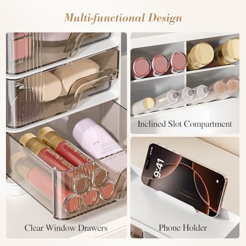 Delamu Makeup Organizer with Drawers, Multi-Function Vanity Organizer Countertop, Stackable Desk Organizer for Makeup Brush Lipstick Skincare Bathroom Vanity Organization and Storage, White - Image 5