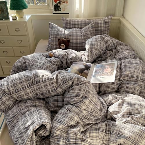 Image of mixinni Queen Duvet Cover Set - 3 Piece Vintage Buffalo Plaid Bedding, 100% Washed Cotton Duvet Cover with 2 Pillowcases, Soft & Breathable Navy Beige White Geometric Grid Pattern for All Seasons