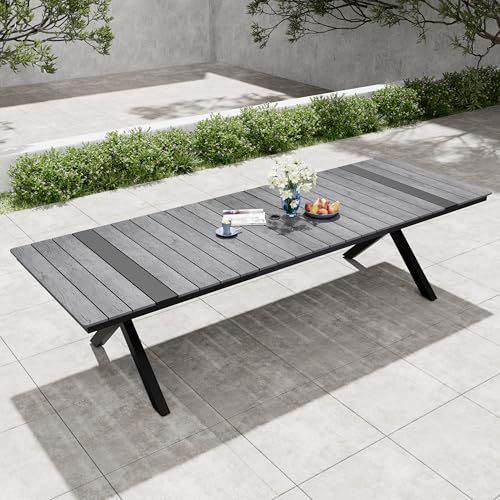 Pellebant 118" Outdoor Dining Table for 8-12 Person, Aluminum Patio Dining Table with Umbrella Hole, Waterproof Wood-Like Tabletop for Lawn Garden Backyard, Grey